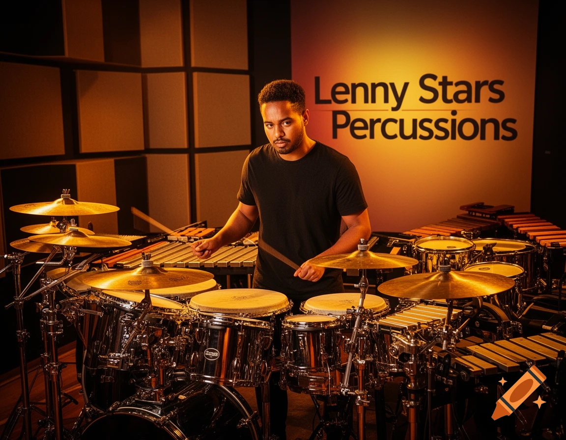 A man playing a large drum kit and various percussion instruments in a studio with "Lenny Stars Percussions" on the wall.