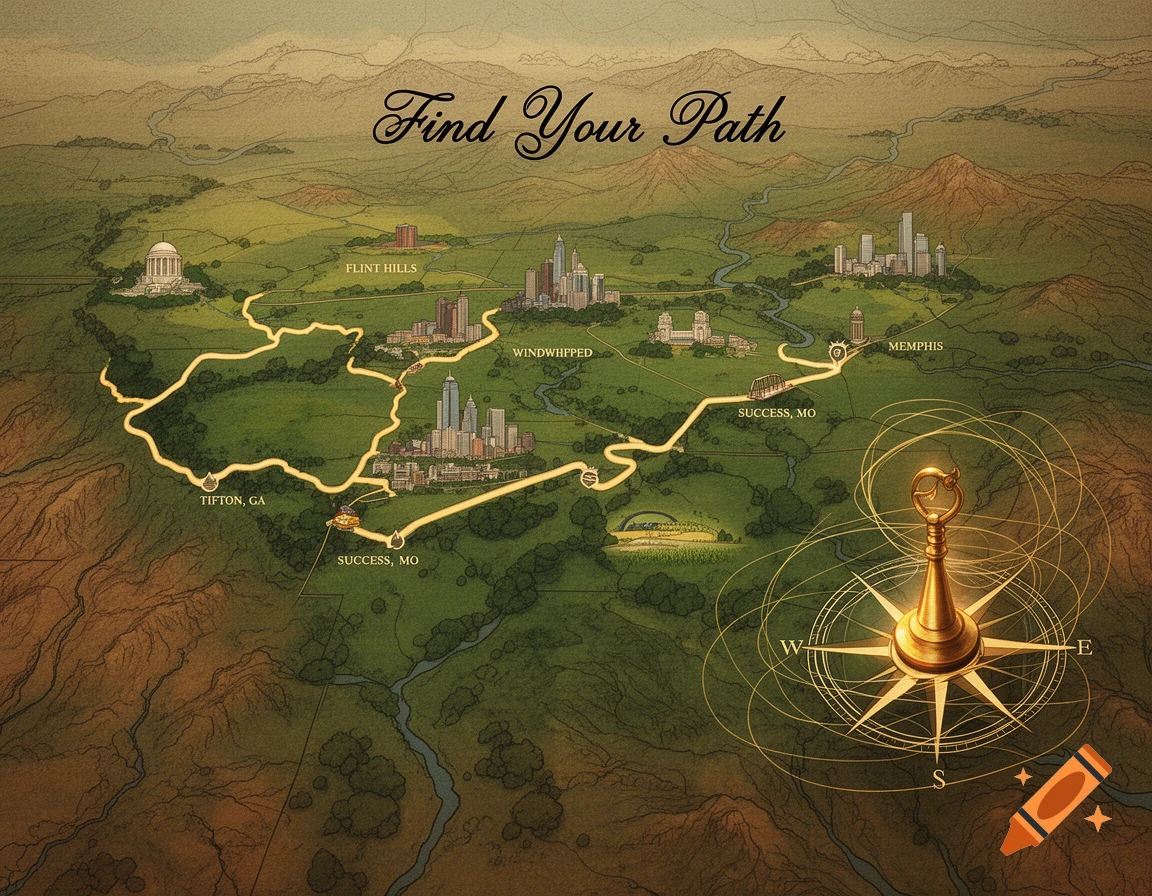 Vintage illustrated map showing a winding path between cities, green landscapes, mountains, rivers, and a compass rose.