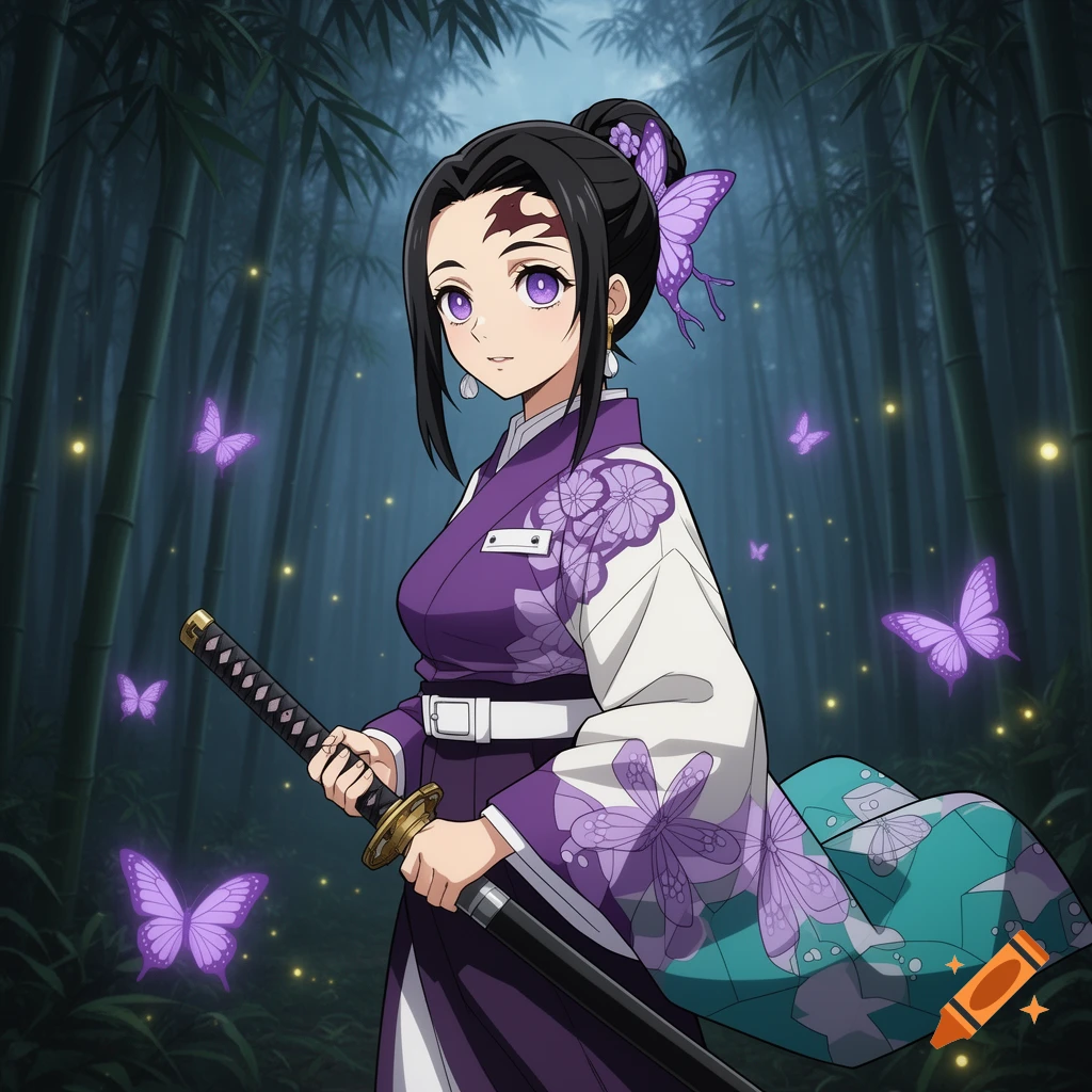 An anime girl with purple eyes and dark hair, wearing a purple and white kimono, holding a katana in a bamboo forest with glowing purple butterflies.