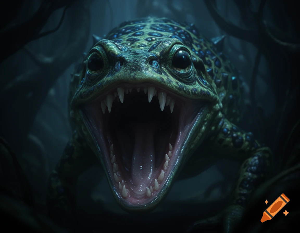 Close-up of a monstrous green and blue frog-like creature with sharp teeth, mouth wide open, in a dark, murky environment.