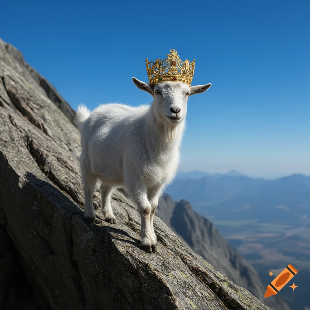 A white goat wearing a detailed golden crown stands on a rocky mountain slope under a clear blue sky, with distant peaks visible.