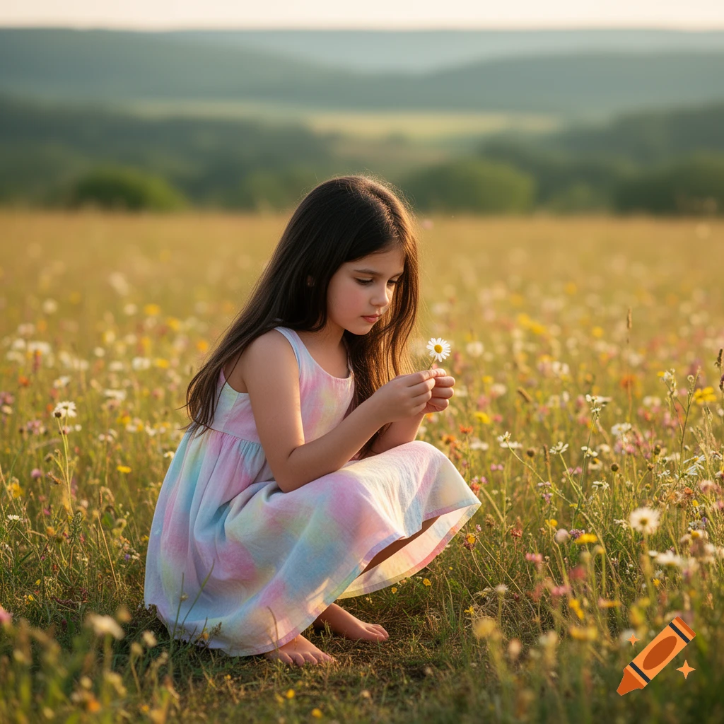 Young girl with long dark hair in a pastel dress squatting in a sunlit wildflower meadow, holding a daisy.