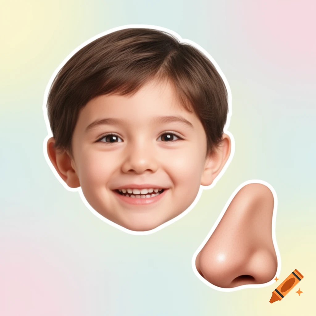A smiling child's face with a missing nose, and a separate detached nose, both with white outlines on a pastel background.