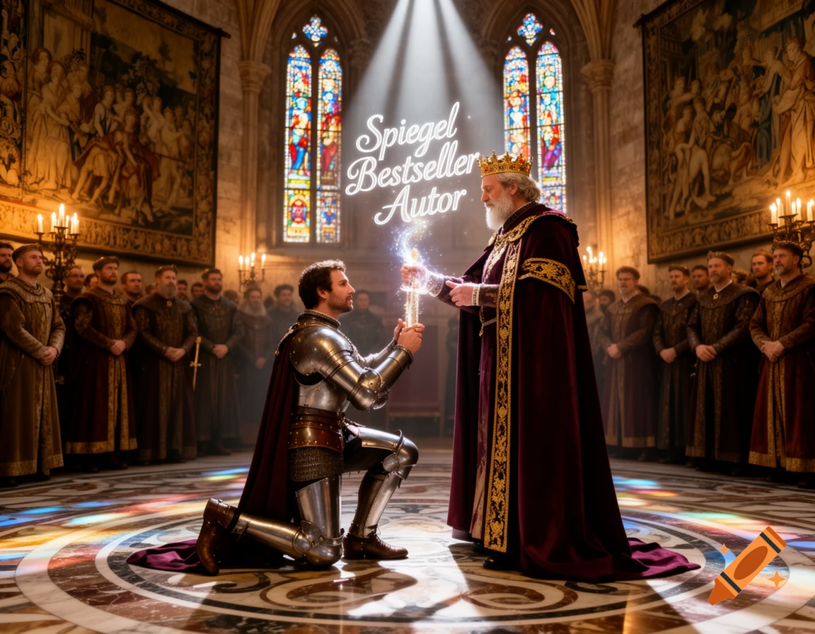 A knight kneels before a king in a grand hall with stained glass windows, receiving a glowing text that reads "Spiegel Bestseller Autor" instead of a sword.