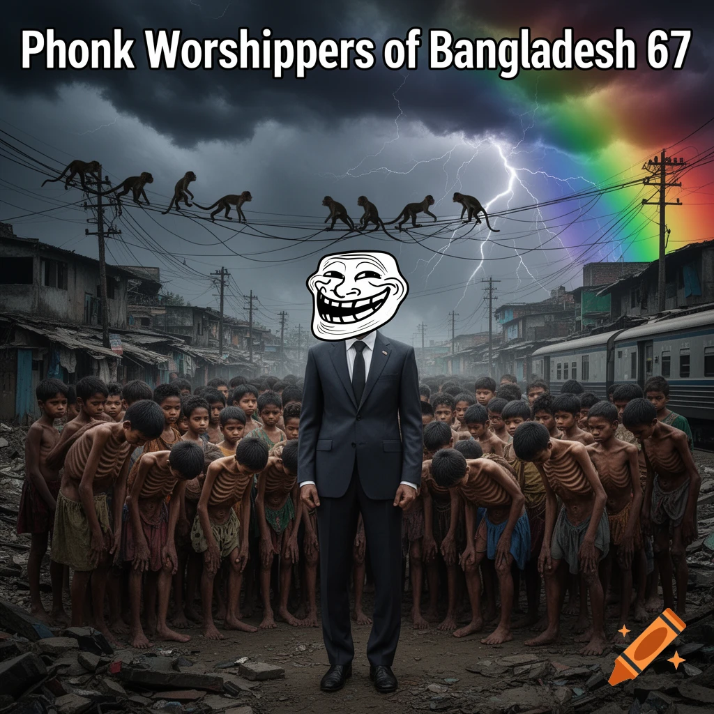 A man with a trollface head in a suit stands among bowing, emaciated children in a slum under a stormy sky with rainbow lightning. Monkeys are on power lines and a train is in the background.
