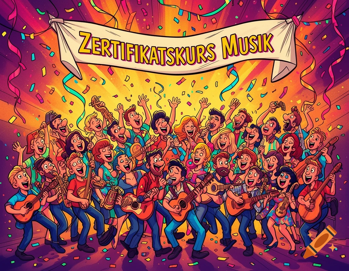Vibrant comic illustration of a large, joyful crowd playing musical instruments and singing, with confetti and a banner that reads 'ZERTIFIKATSKURS MUSIK'.