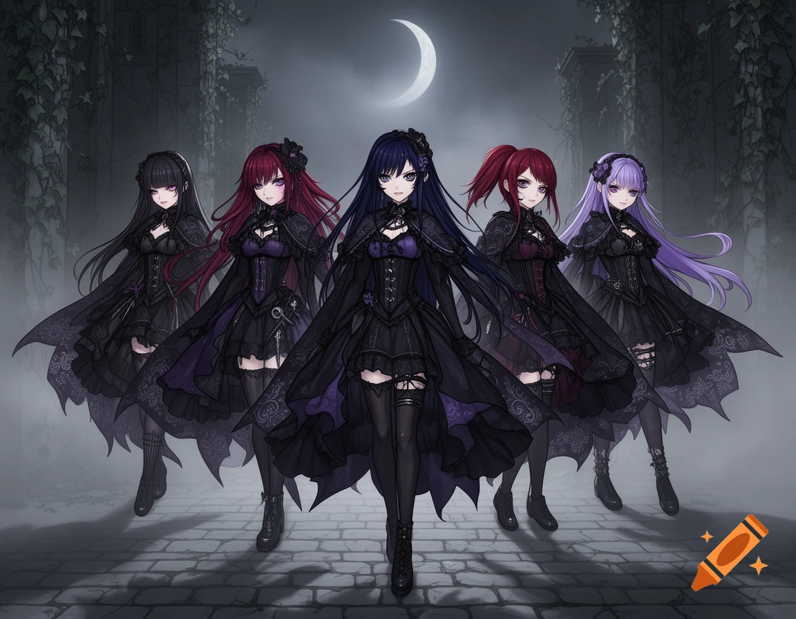 Five anime girls in elaborate black and purple gothic dresses stand under a crescent moon in a dark, mysterious setting.