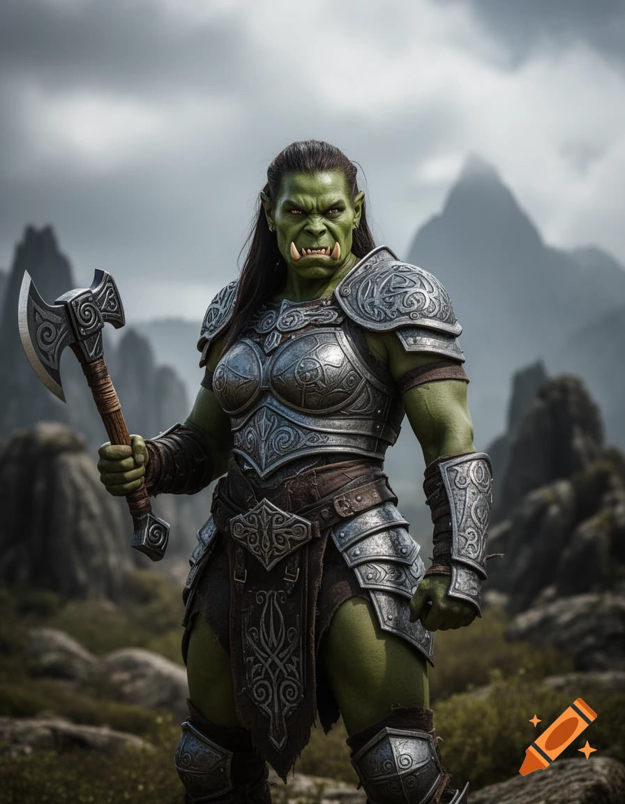 A photorealistic female orc warrior in detailed armor stands in a rocky, mountainous landscape, holding a battle axe.