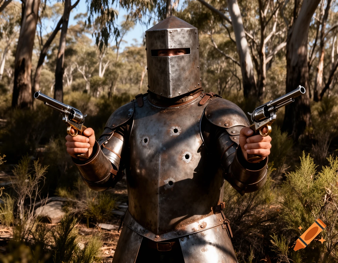 A person in metallic Ned Kelly-style bushranger armor and a square helmet, holding two silver pistols in a sunny bushland.