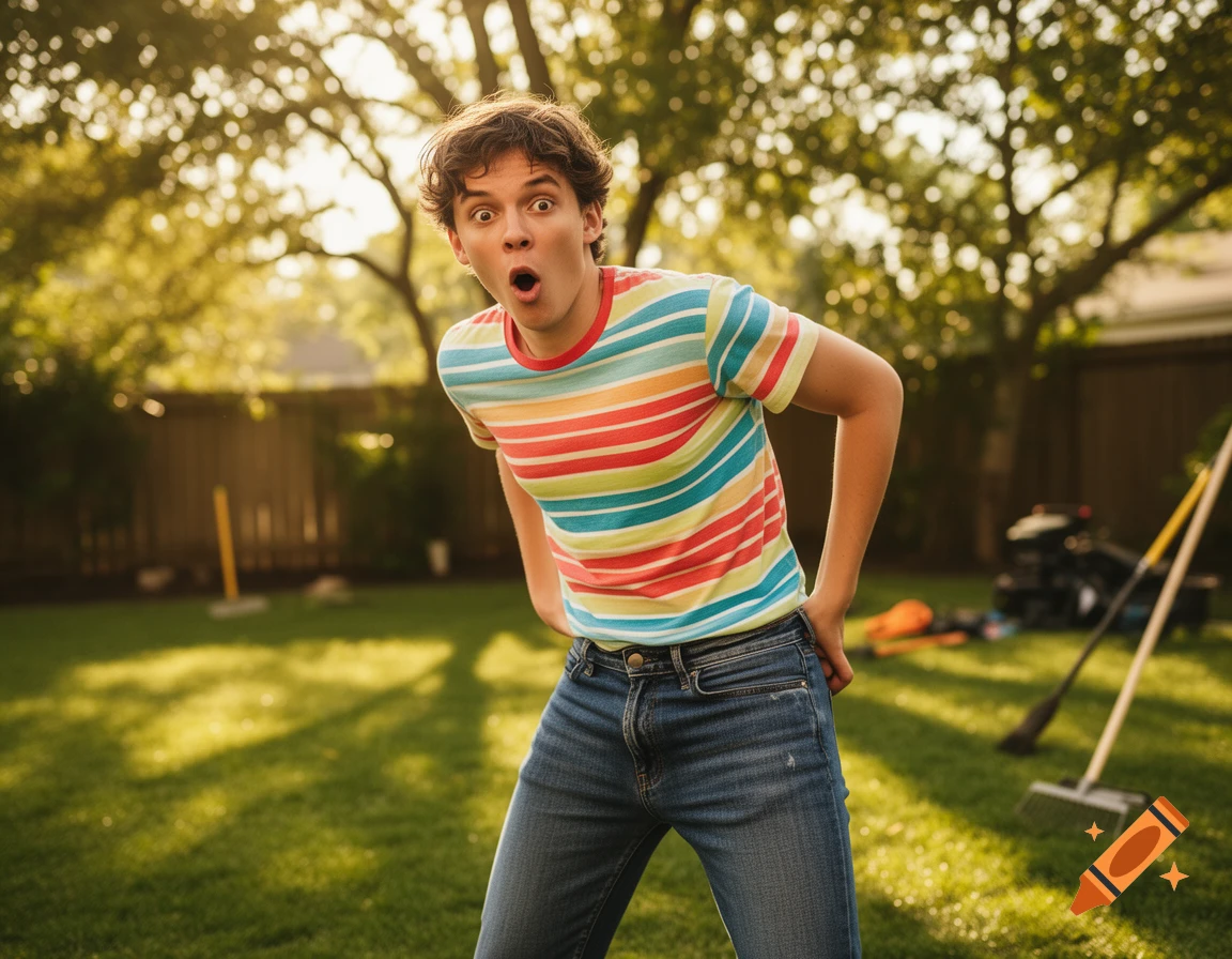 A young man with a surprised expression in a striped shirt and jeans stands in a sunny backyard.