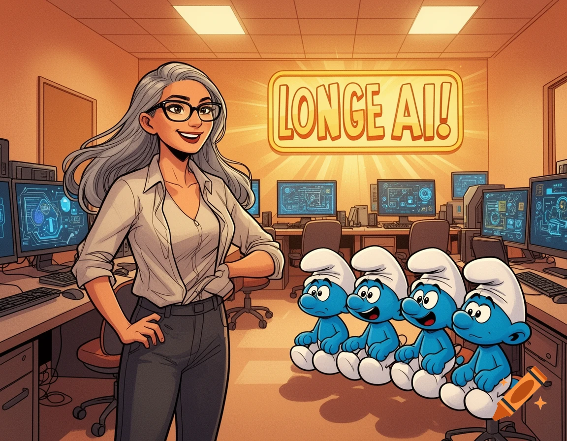 Comic-style illustration of a gray-haired female trainer with glasses and four Smurfs in a computer lab.