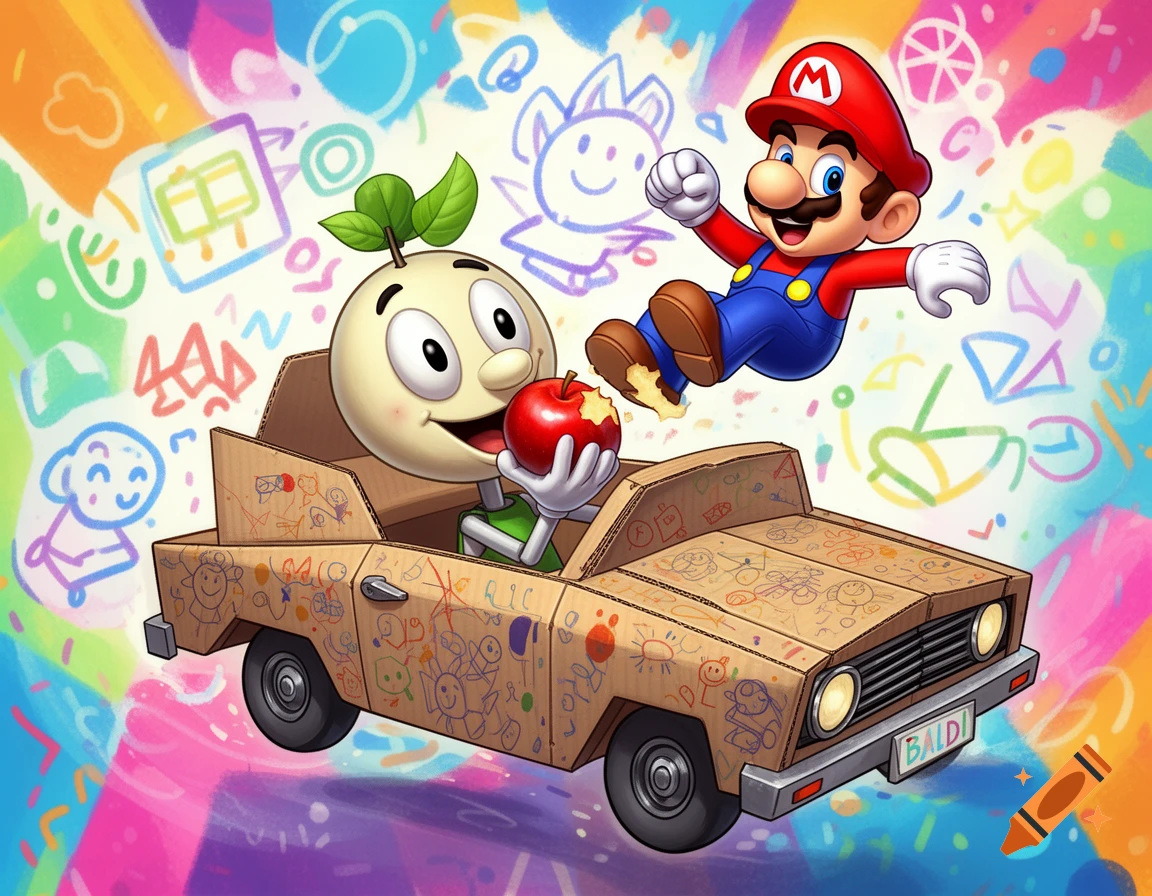 Baldi in a cardboard car eats an apple while Mario jumps alongside, all against a colorful background of childish doodles.