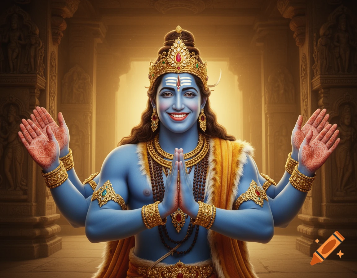 A blue-skinned Hindu deity, possibly Shiva, with four arms, adorned in gold jewelry and a crown, smiling with two hands pressed together in prayer and two raised palms, in a golden temple interior.