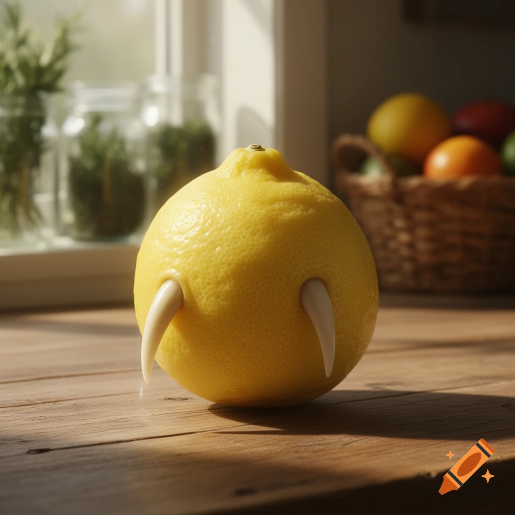 A photorealistic lemon with two sharp fangs sticking out, sitting on a wooden kitchen counter in sunlight.