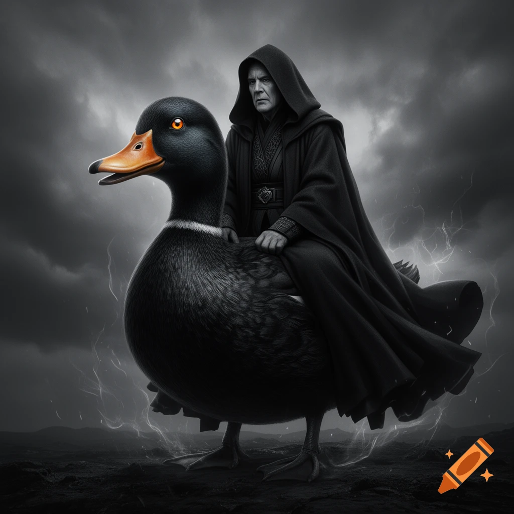 Emperor Palpatine in a dark cloak rides a large black duck with glowing orange eyes under a stormy, lightning-filled sky.