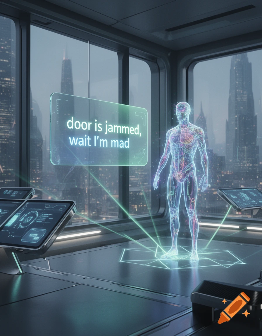 A holographic human figure stands in a futuristic room overlooking a city, with a floating text box saying "door is jammed, wait i'm mad".