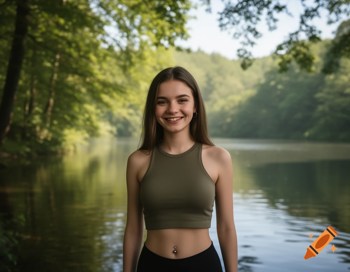 A smiling young woman with long brown hair, wearing an olive green crop top and black leggings with a belly piercing, in a forest lake.