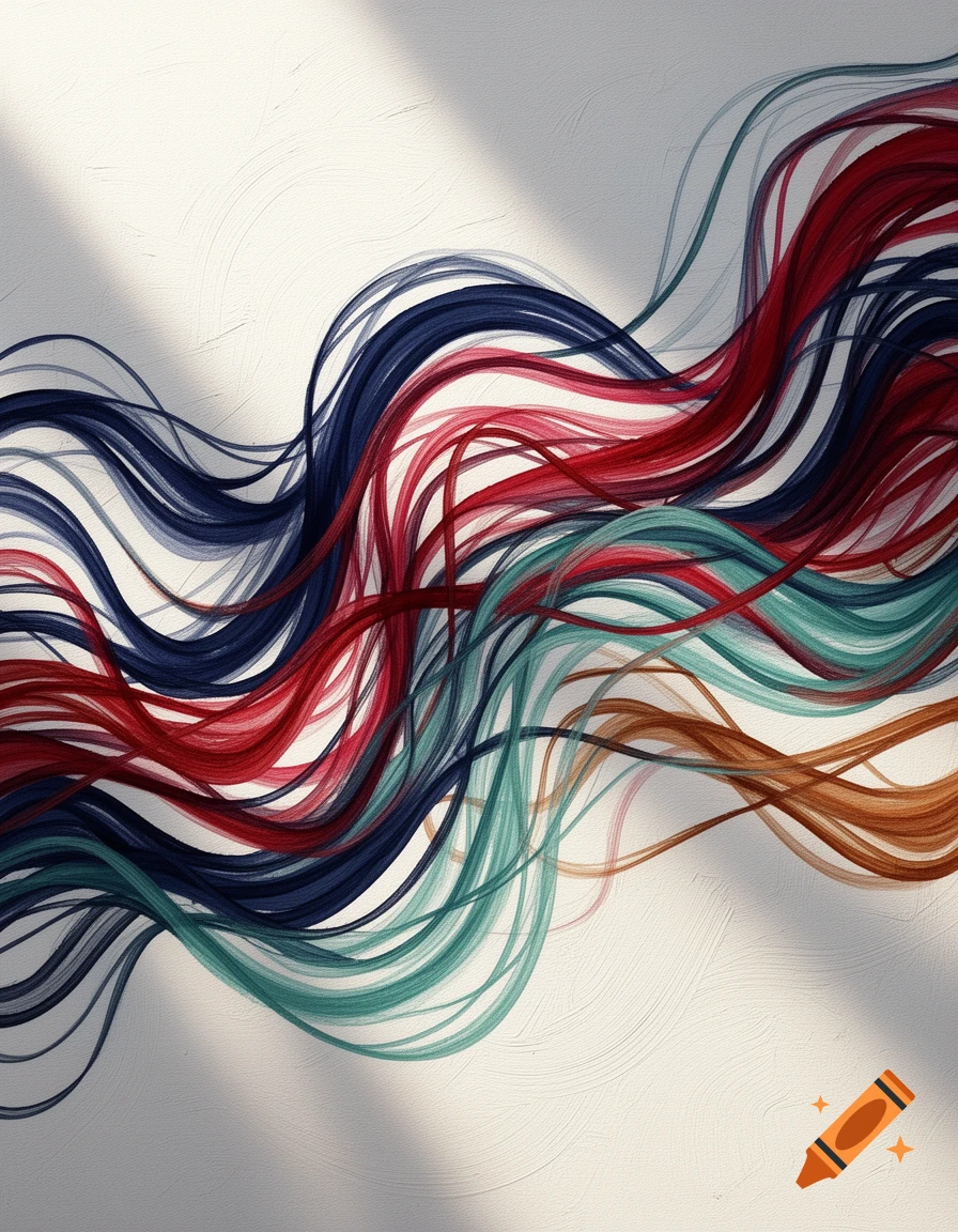 Abstract art featuring flowing, wavy lines in shades of blue, red, green, and brown against a textured white background with subtle shadows.
