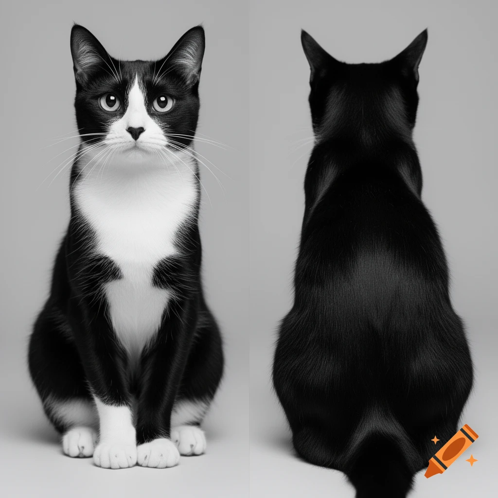 Front and back views of a hyperrealistic black and white tuxedo cat sitting against a plain gray background.
