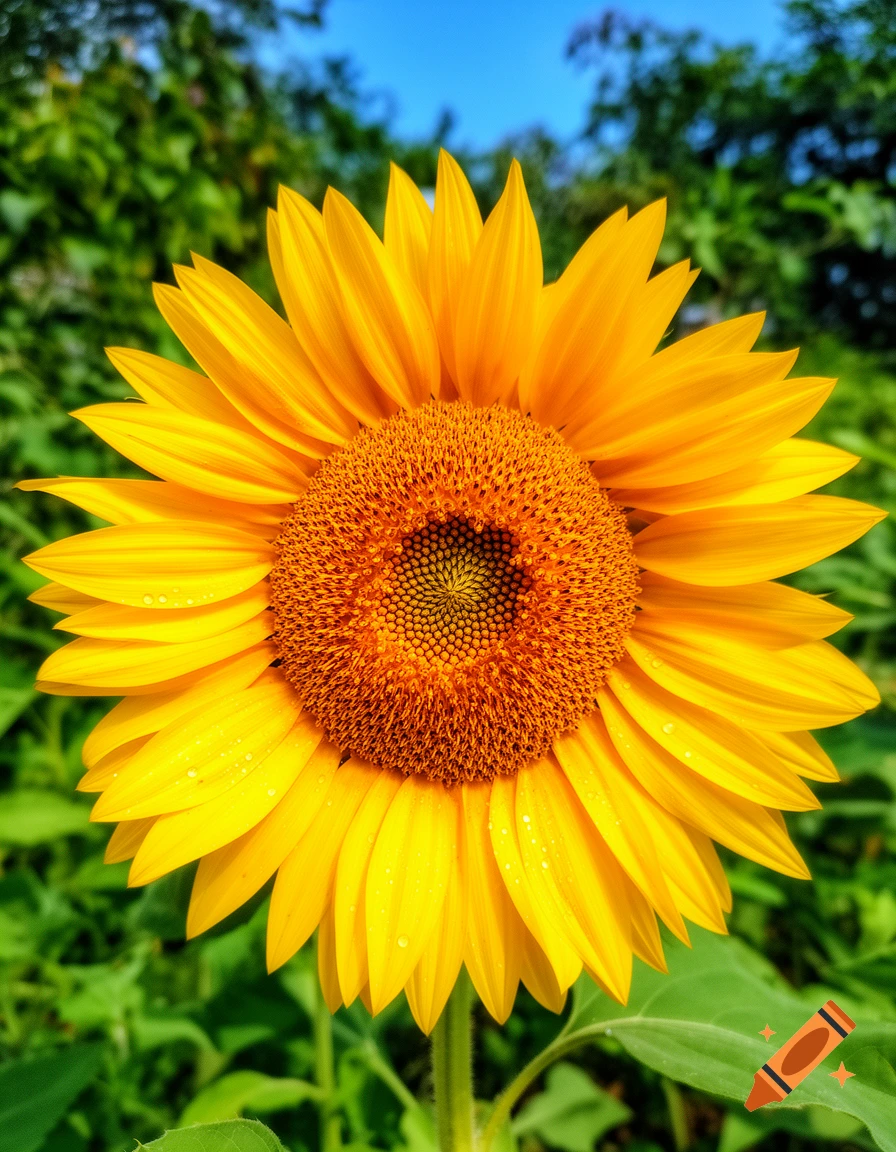 A vibrant, close-up shot of a bright yellow sunflower with a textured brown center, set against a blurred green and blue background.