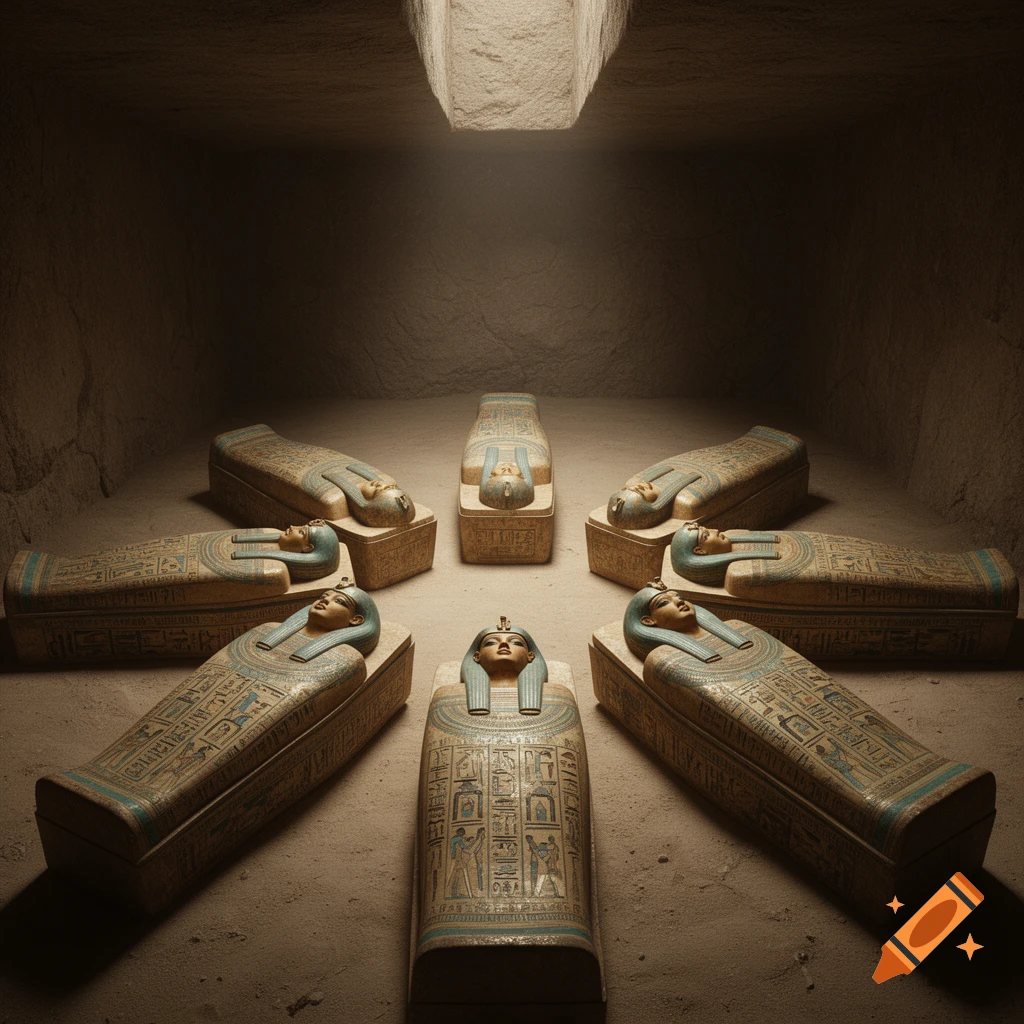 Seven ornate ancient Egyptian sarcophagi with gold and blue details are arranged in a circle in a dark, sandy tomb, illuminated by a light source from above.