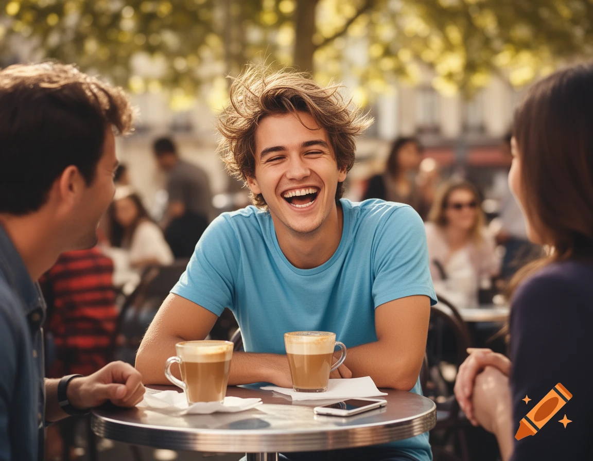 A young man with messy hair laughs heartily while sitting at an outdoor cafe table with friends, coffee drinks in front of them.
