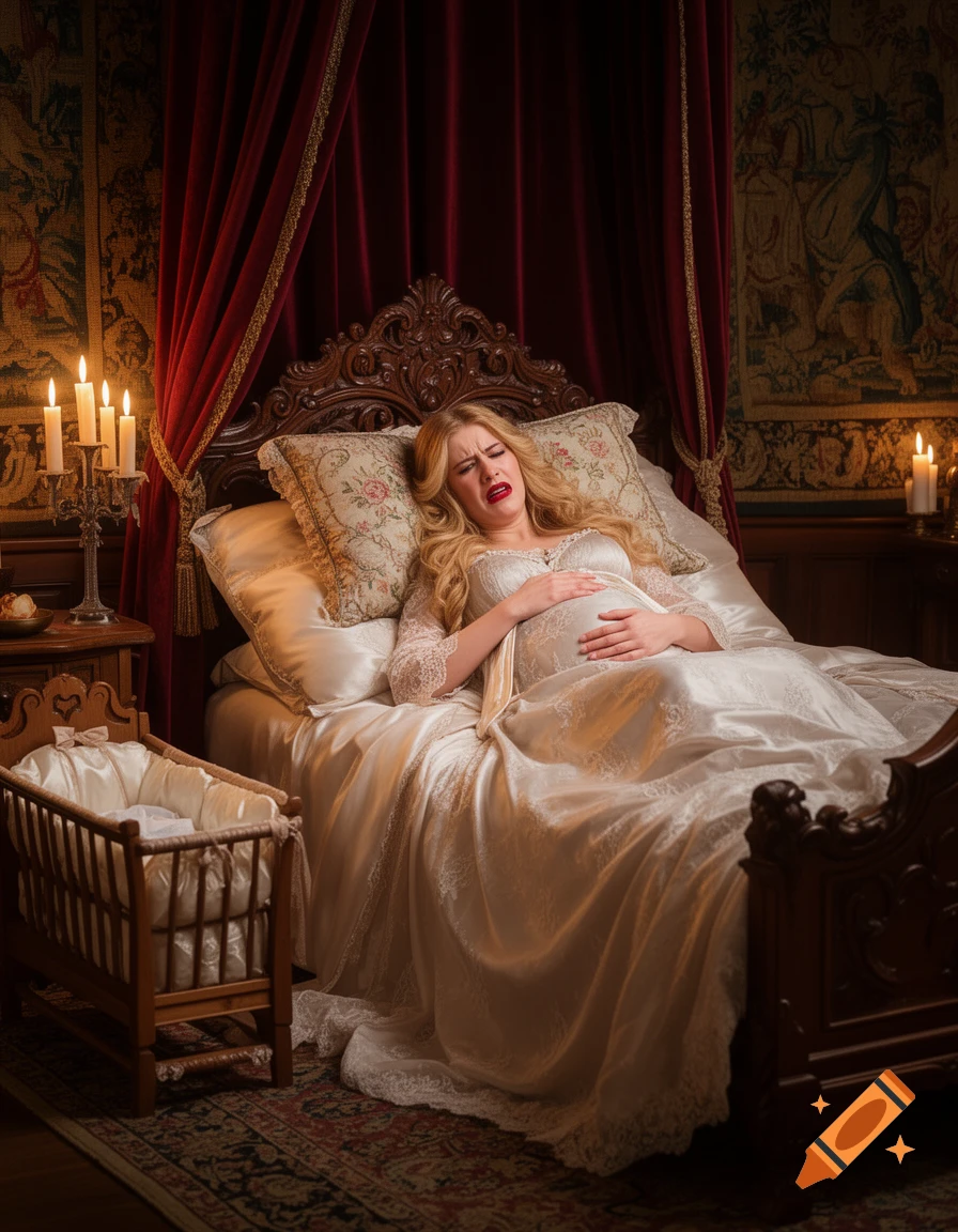 A heavily pregnant woman in an ornate bed, crying out in pain and clutching her swollen belly, with a baby crib nearby in a candlelit room.