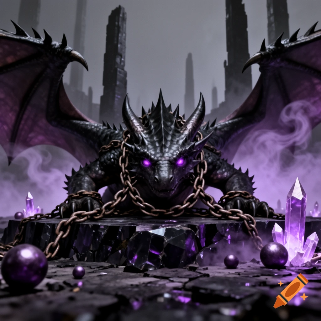 A fierce black dragon with glowing purple eyes, chained, surrounded by purple crystals and smoke in a ruined, dark landscape.