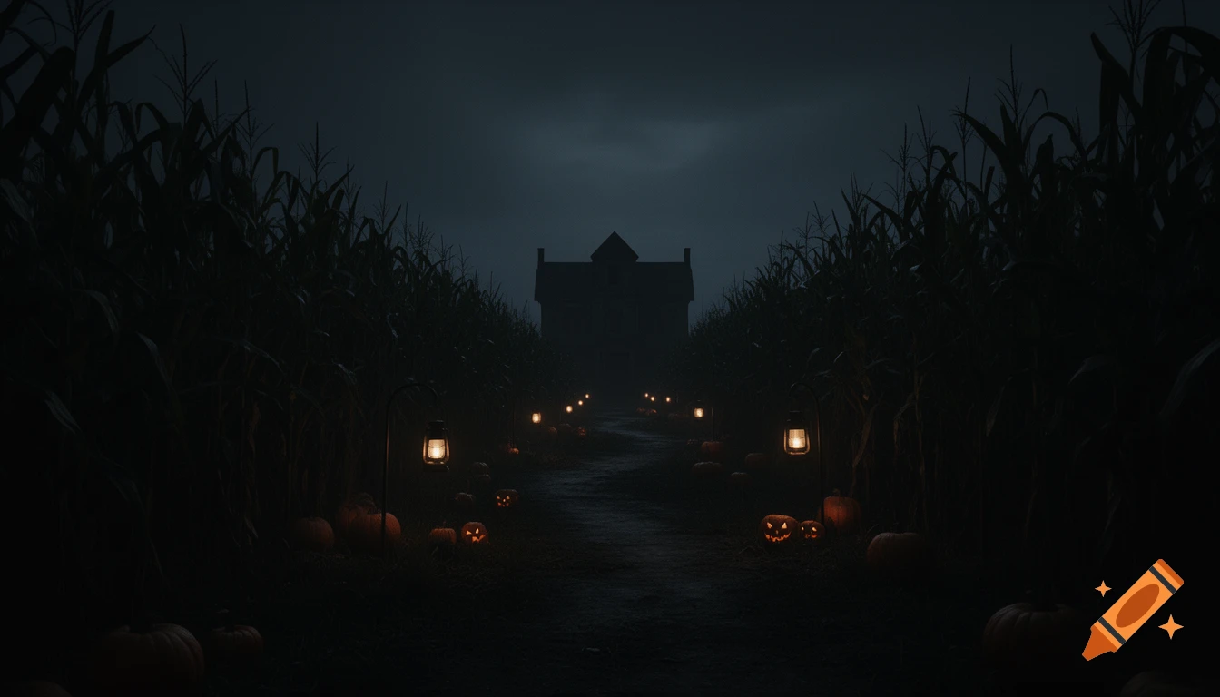 A dark and eerie cornfield path leads to a silhouetted house, lit by glowing lanterns and jack-o'-lanterns.
