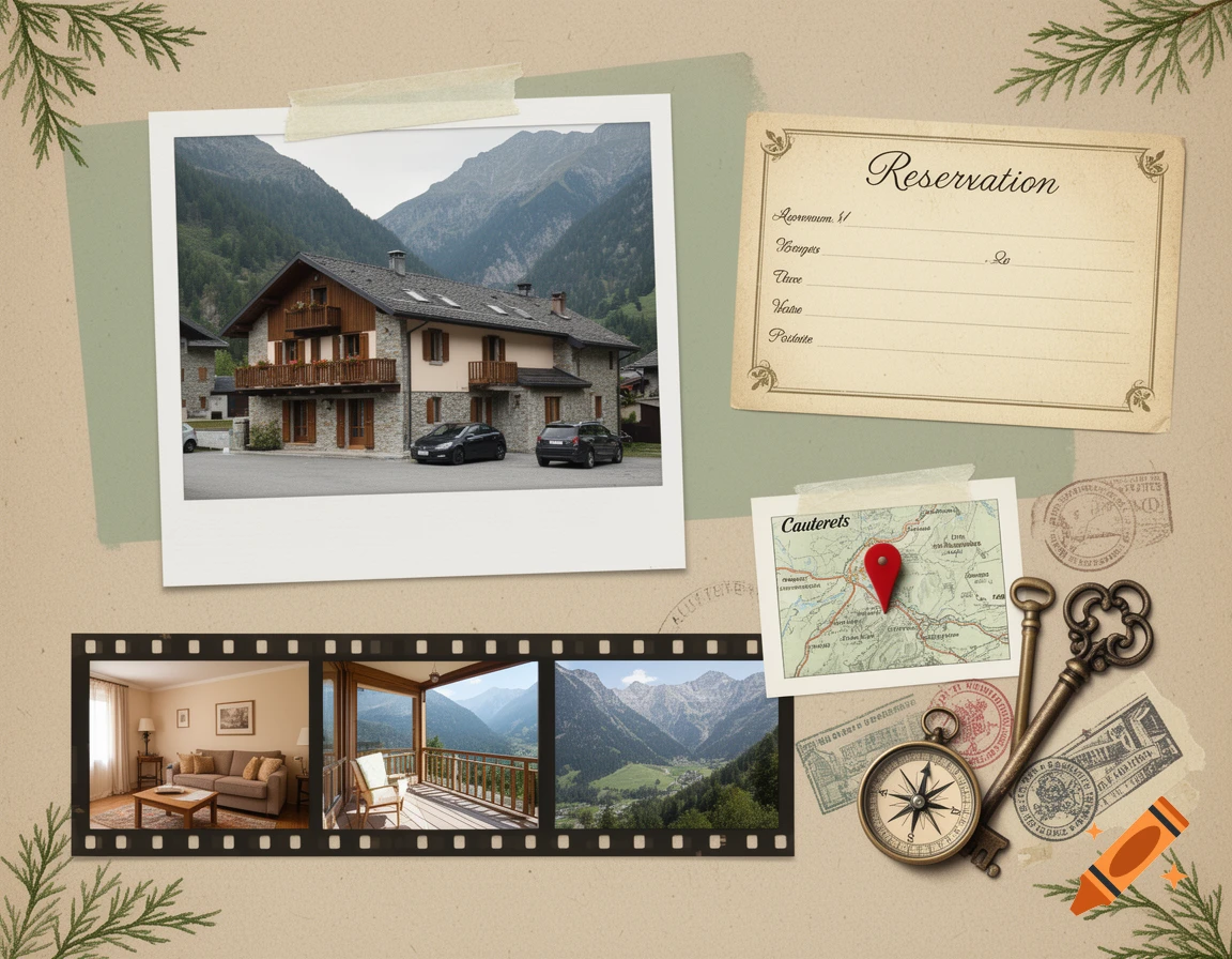 A vintage travel scrapbook page collage featuring a mountain house, a map of Cauterets, a reservation form, old keys, a compass, and film strip photos, on a beige background.