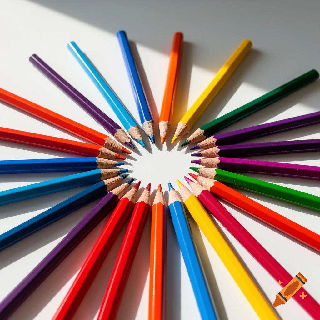Vibrant colored pencils arranged in a circle with sharpened tips meeting in the center on a white background, casting shadows.