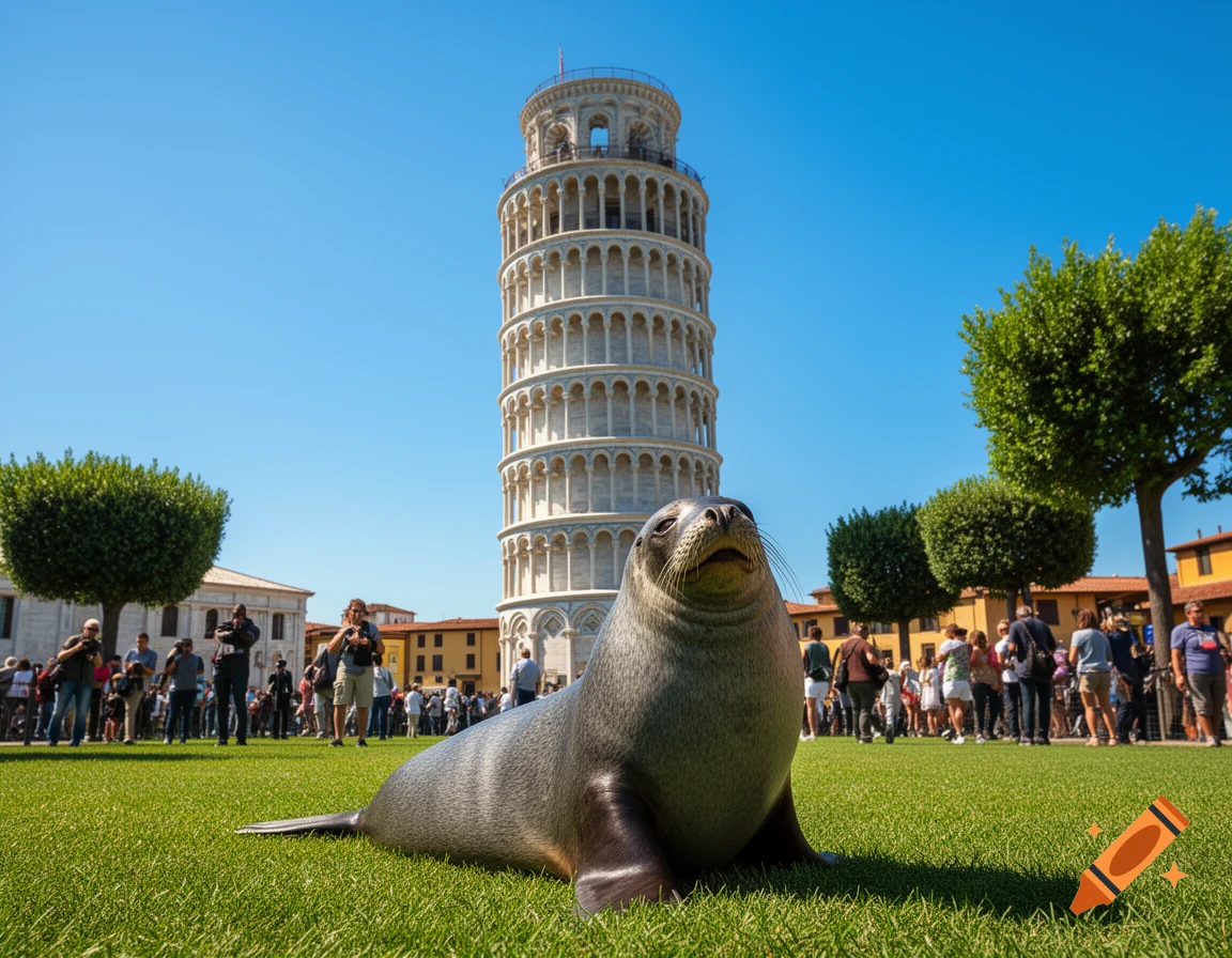 A large gray seal lies on green grass in front of the Leaning Tower of Pisa under a clear blue sky.