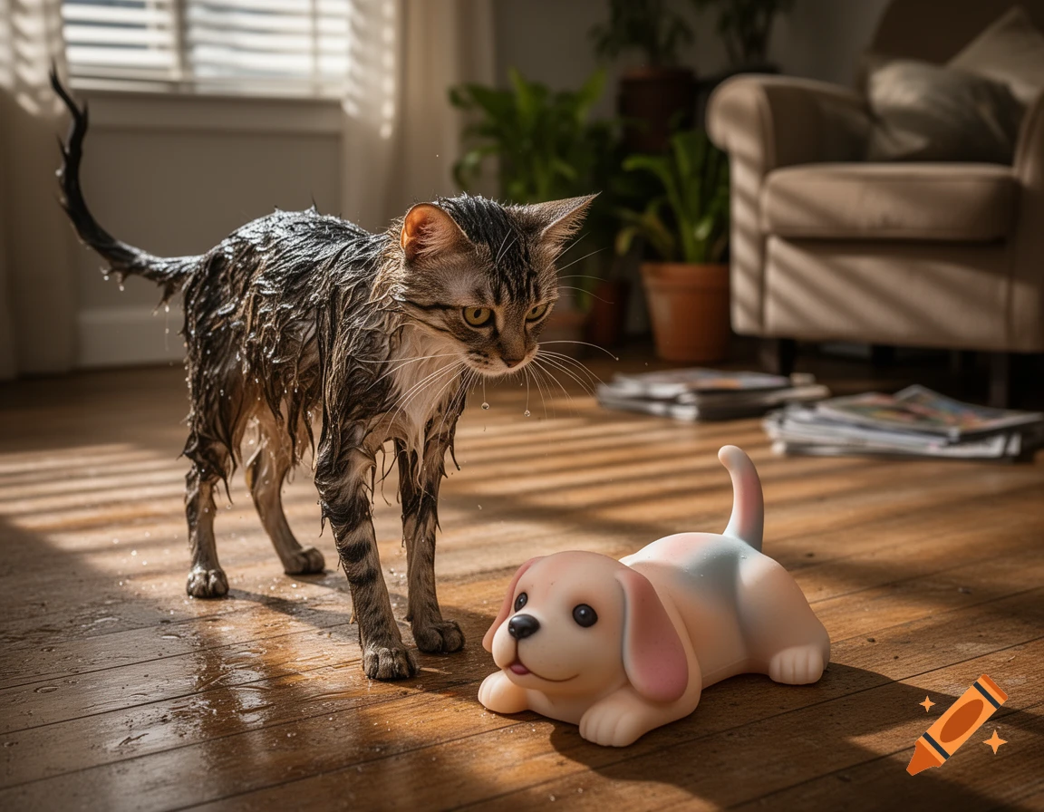 A wet tabby cat stands on a wooden floor, dripping water, next to a pink and blue dog toy in a sunlit room.