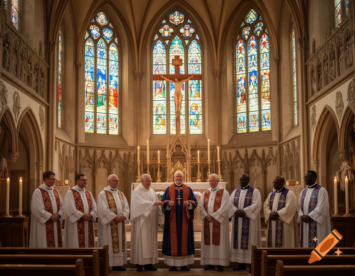 Nine priests or bishops in vestments stand in a grand church with stained glass windows and a crucifix.