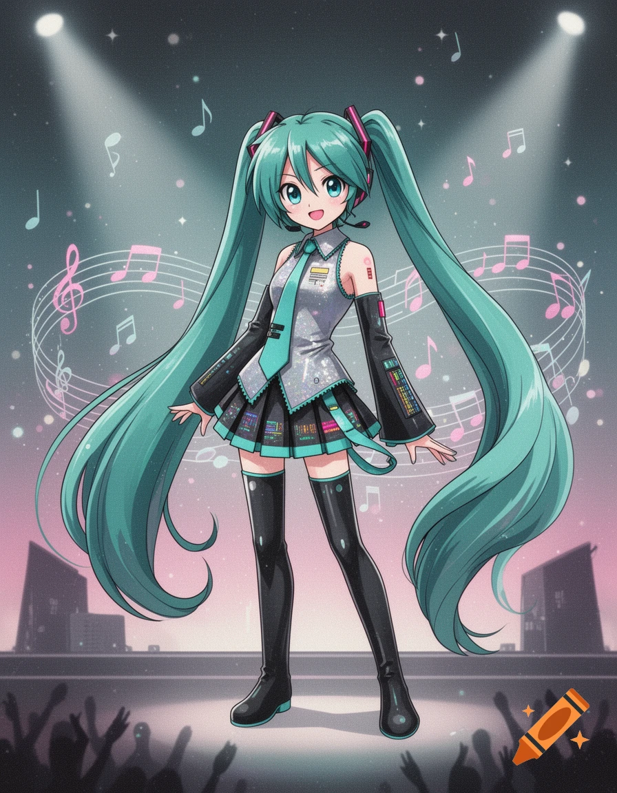 Hatsune Miku performs on stage under spotlights, surrounded by musical notes, with an audience visible, in anime style.