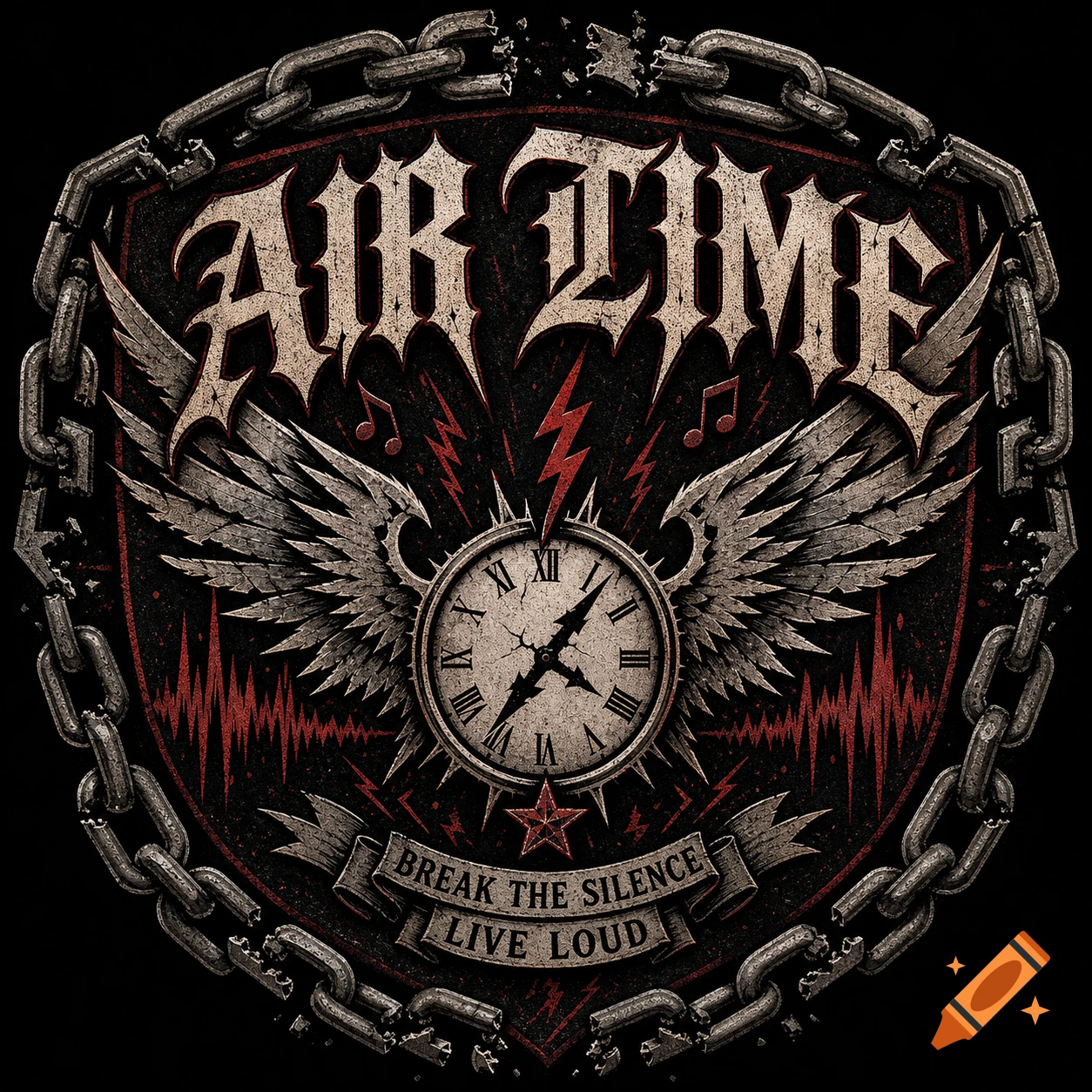 A distressed metal band crest with 'AIR TIME' at the top, a clock with wings, and a banner reading 'BREAK THE SILENCE LIVE LOUD', framed by chains.