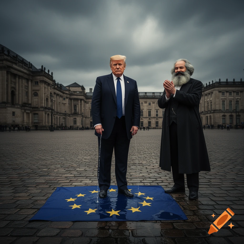 Donald Trump appearing to urinate on an EU flag on a cobblestone plaza, while Karl Marx claps beside him under a stormy sky.