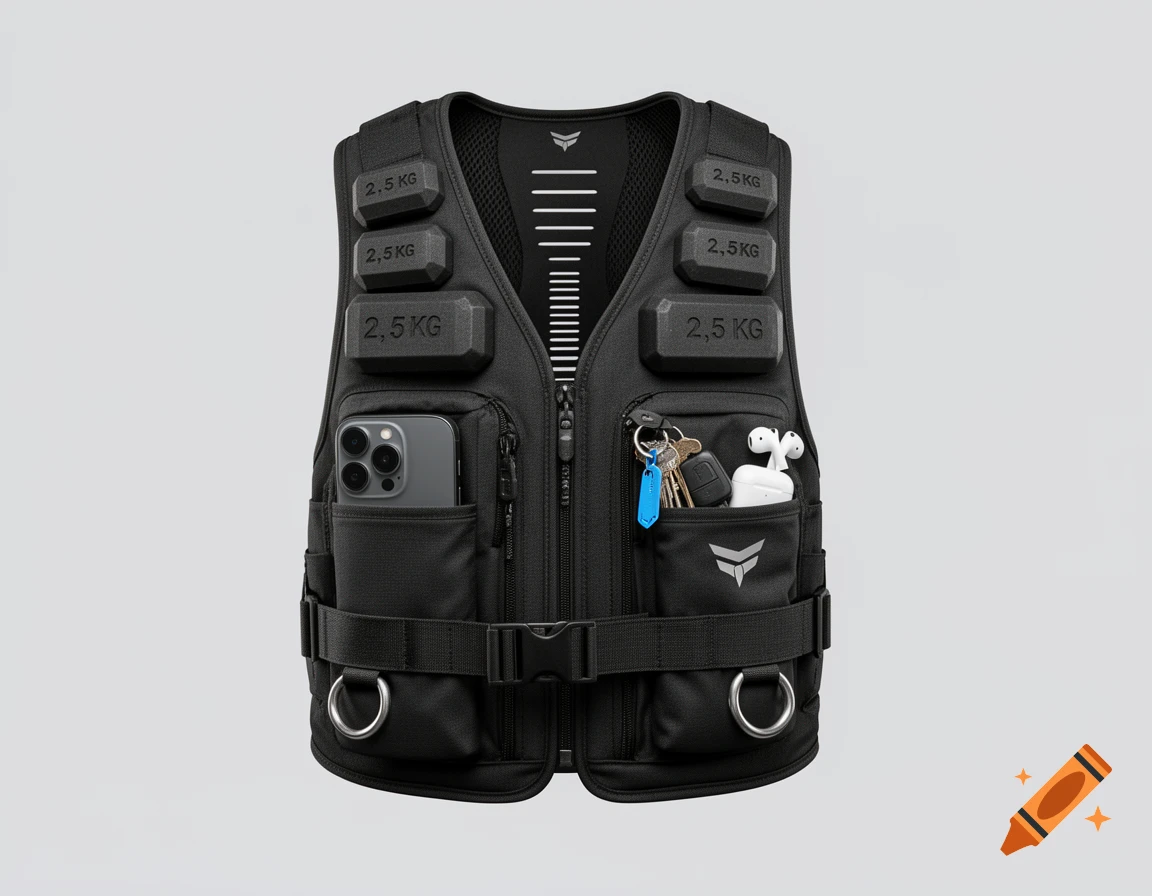 An ultra-realistic black weighted vest with 2.5 kg blocks, an iPhone, keys, and AirPods in its pockets, displayed on a light gray background.