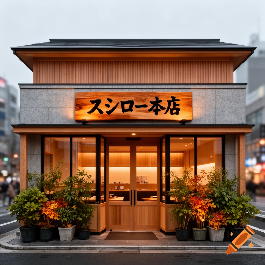 Photorealistic exterior of a 'Sushiro Main Store' Japanese restaurant with wooden and stone facade, large windows, and potted plants.