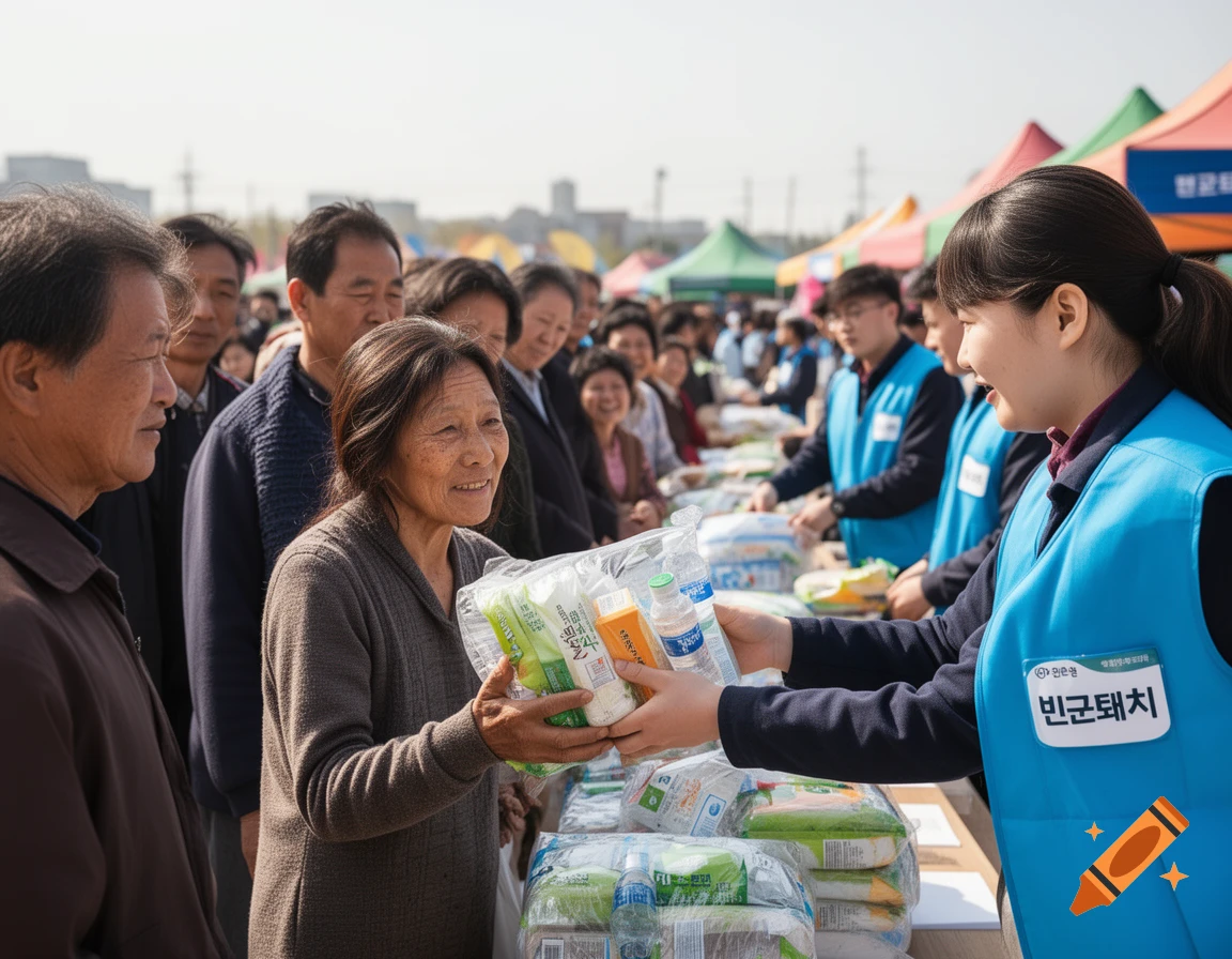 A volunteer in a blue vest hands packaged goods to an older woman with a warm smile, with a line of people and colorful tents in the background, depicting a poverty alleviation event.
