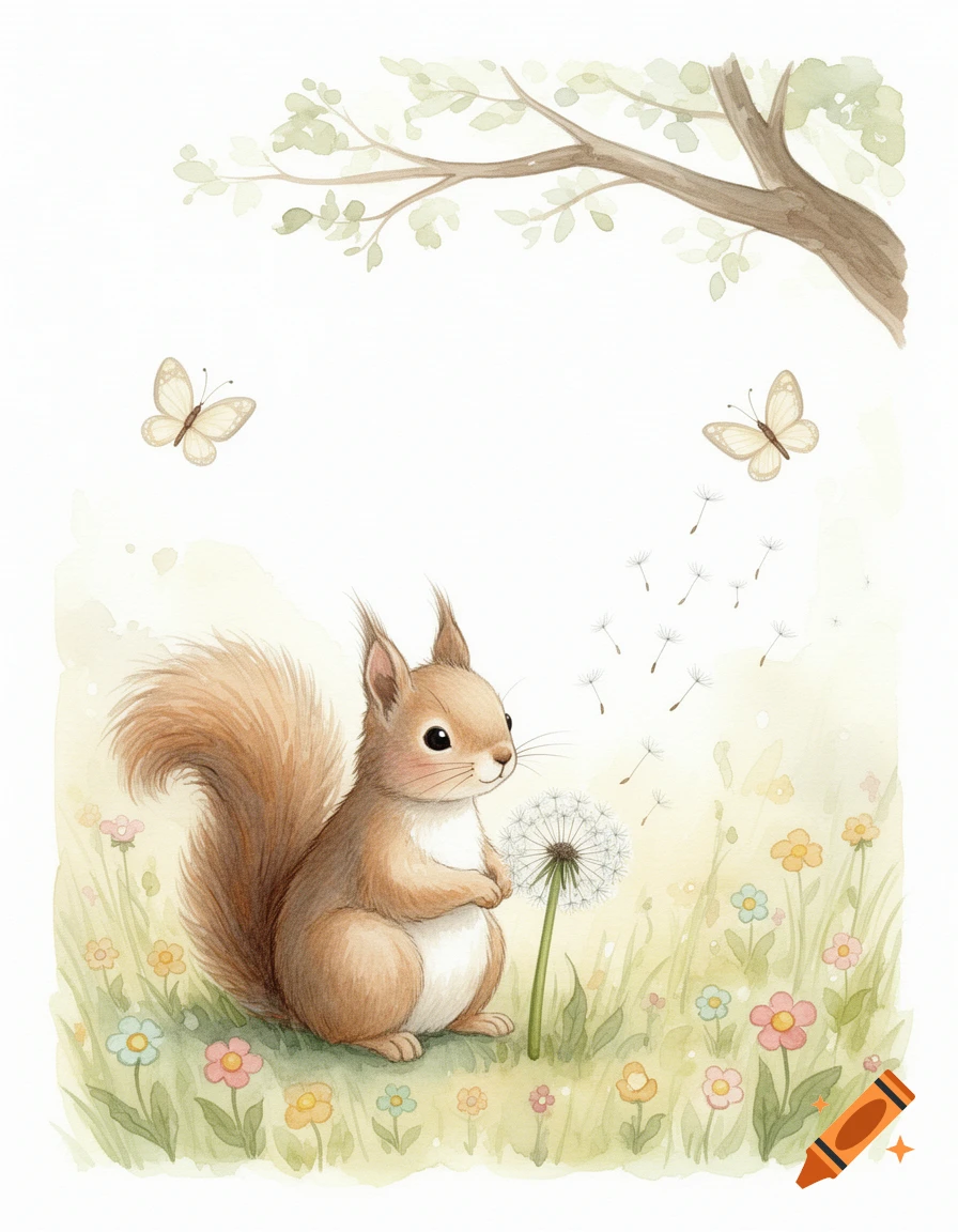 Watercolor illustration of a cute squirrel in a meadow, blowing a dandelion. Butterflies and a tree branch complete the scene.