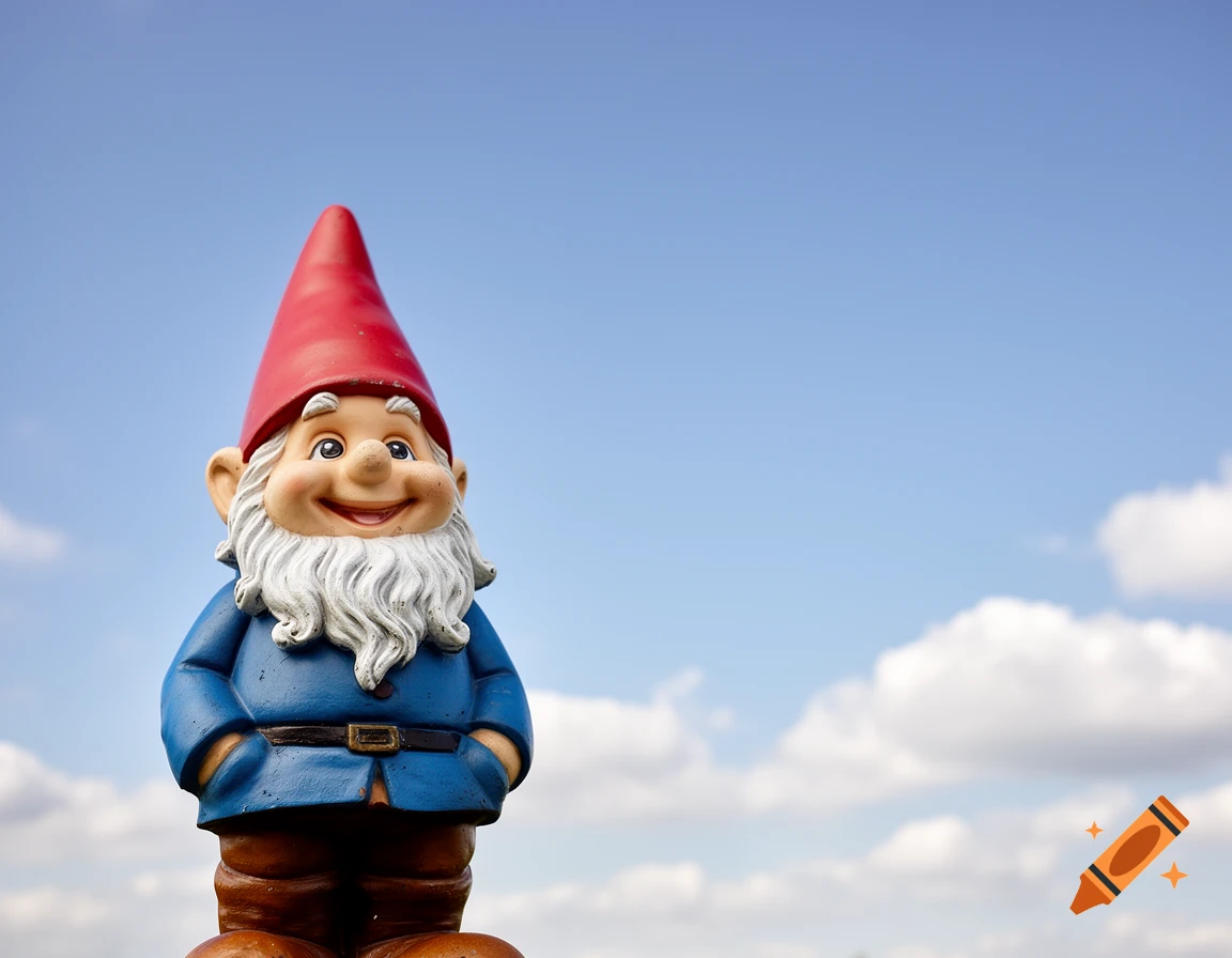 A smiling garden gnome wearing a blue coat and red hat, with a white beard, stands against a bright blue sky with white clouds.