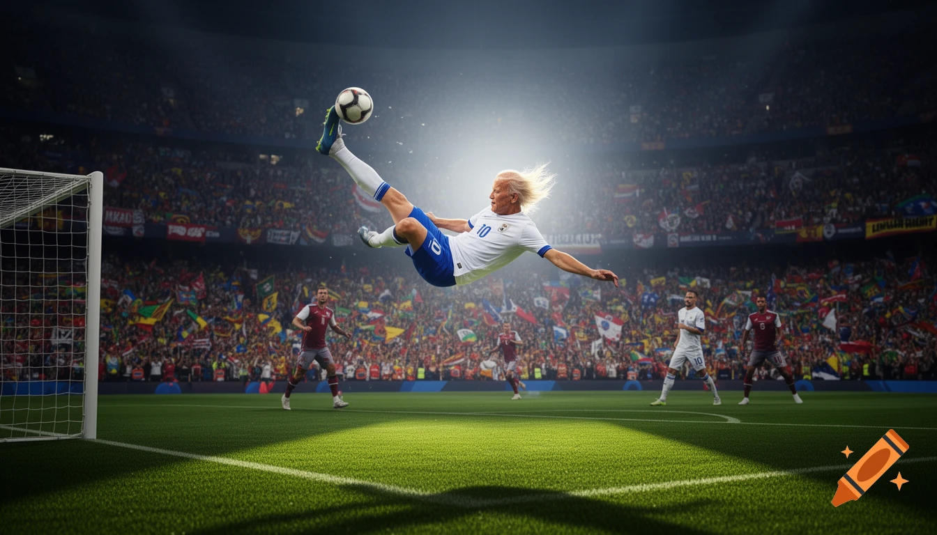 A male soccer player in a white and blue uniform performs a bicycle kick, striking the ball mid-air in a brightly lit stadium full of cheering fans.