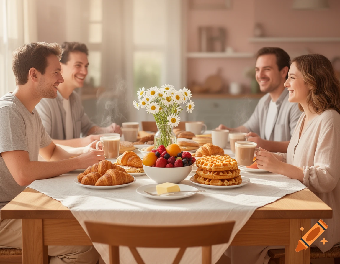 A happy family of four enjoying breakfast together at a sunlit wooden table filled with croissants, waffles, fruit, and coffee.