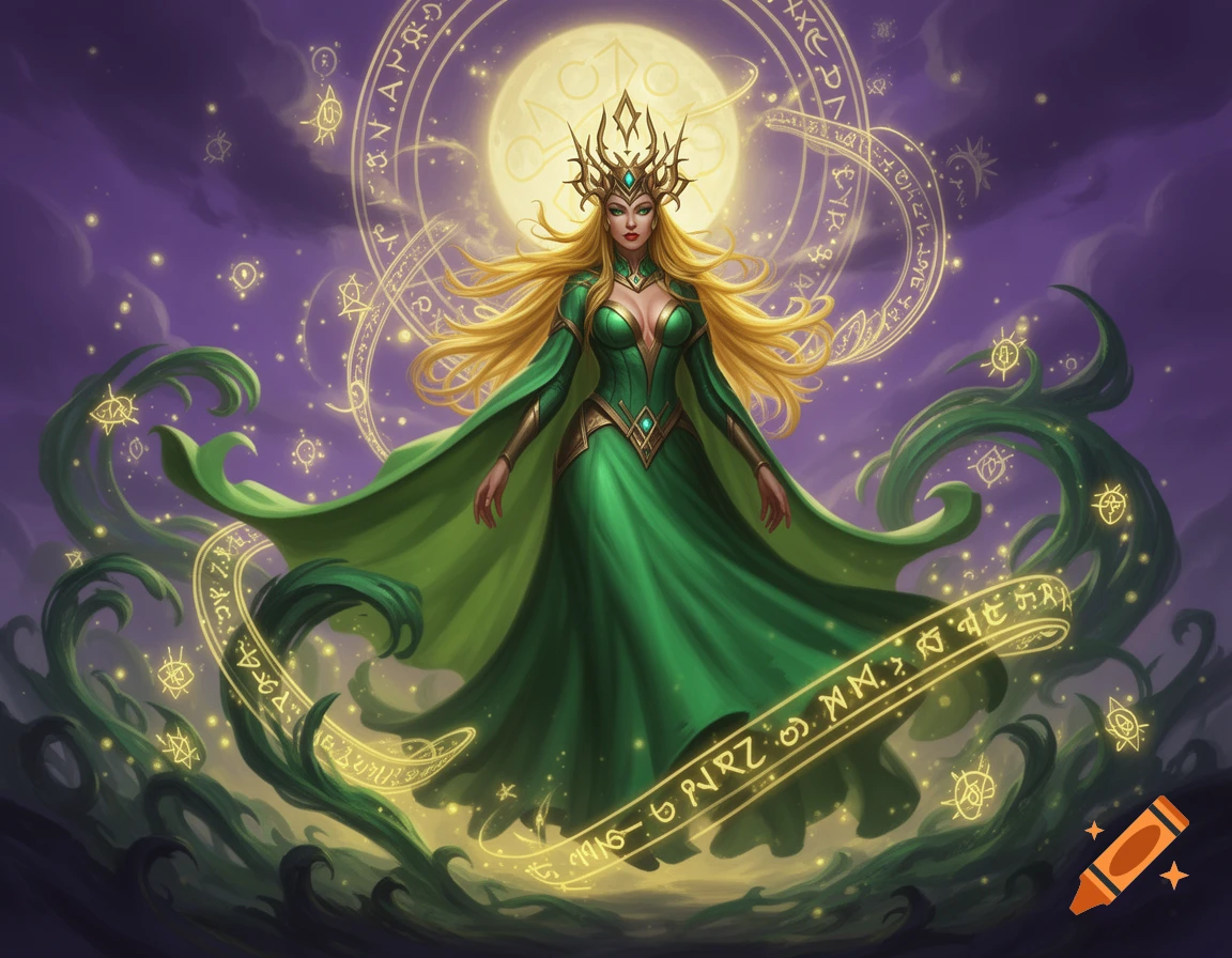 A blonde enchantress in a green dress and crown stands amidst glowing magical runes and a full moon against a purple sky.