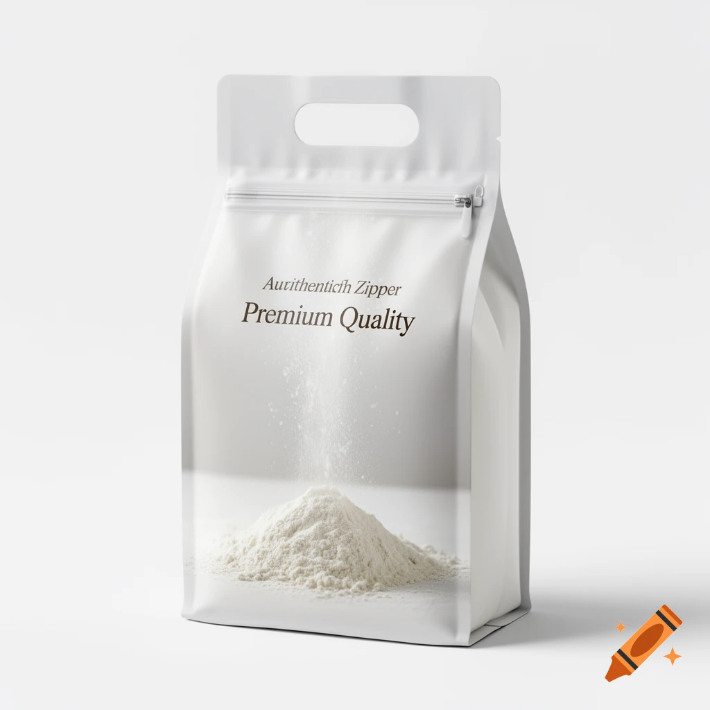 White stand-up pouch with a handle and zipper, containing a pile of white flour, with text "Autithenthich Zipper Premium Quality".