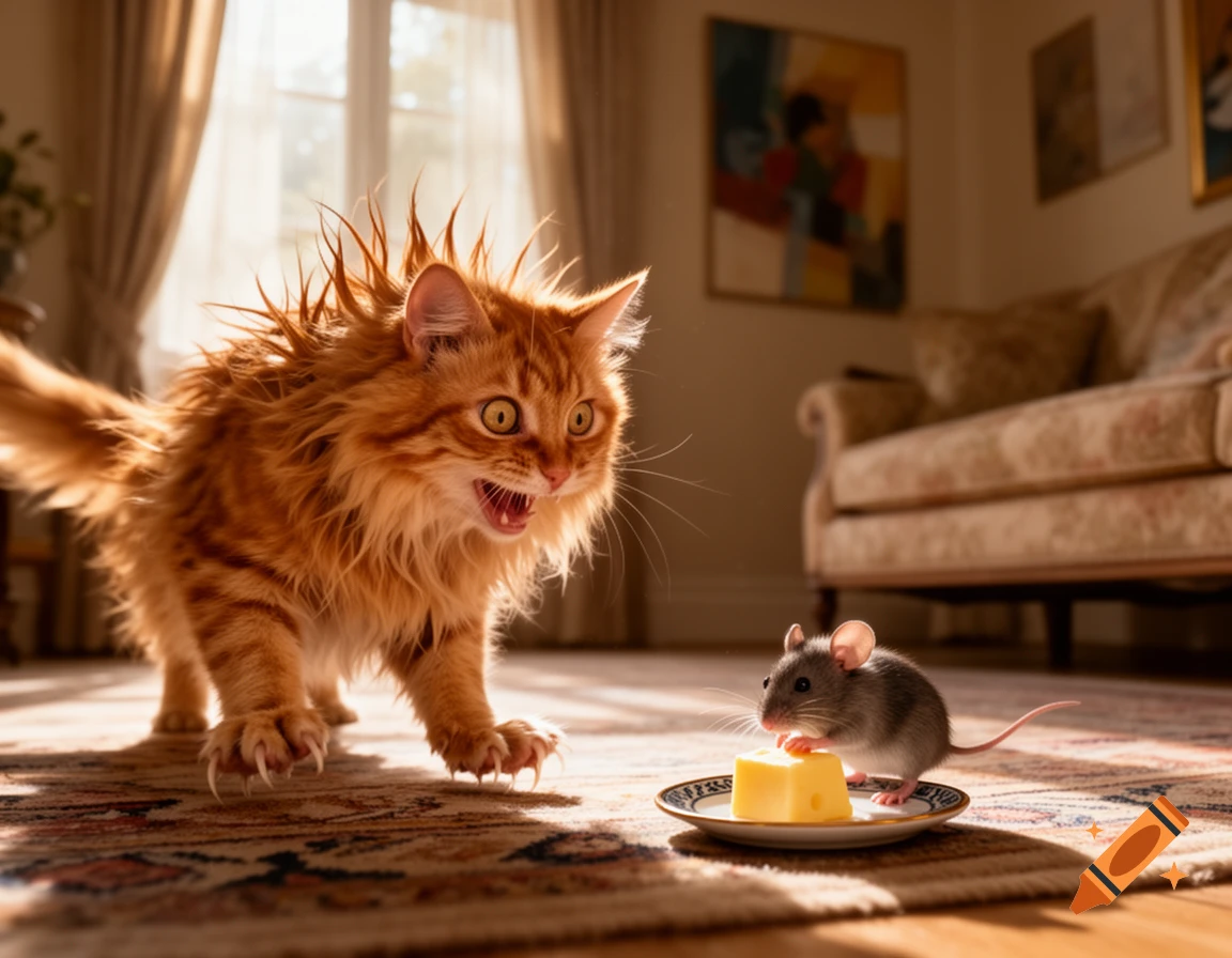 A startled ginger cat with spiky fur and bared claws stares wide-eyed at a tiny mouse nibbling cheese on a plate.
