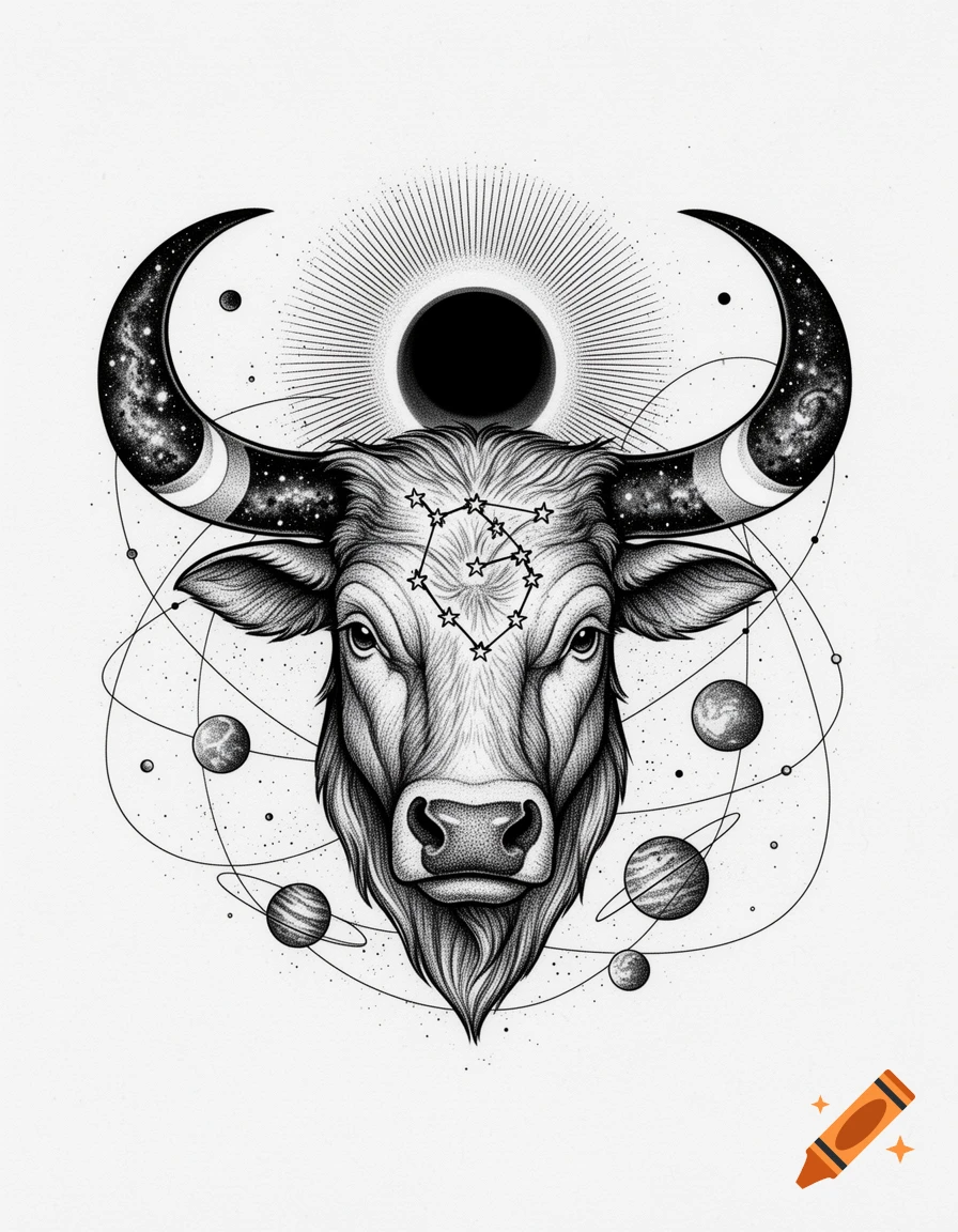 Black and white dotwork illustration of a majestic bull's head with galaxy-filled crescent horns, a star constellation on its forehead, an eclipse behind it, and surrounding planets.