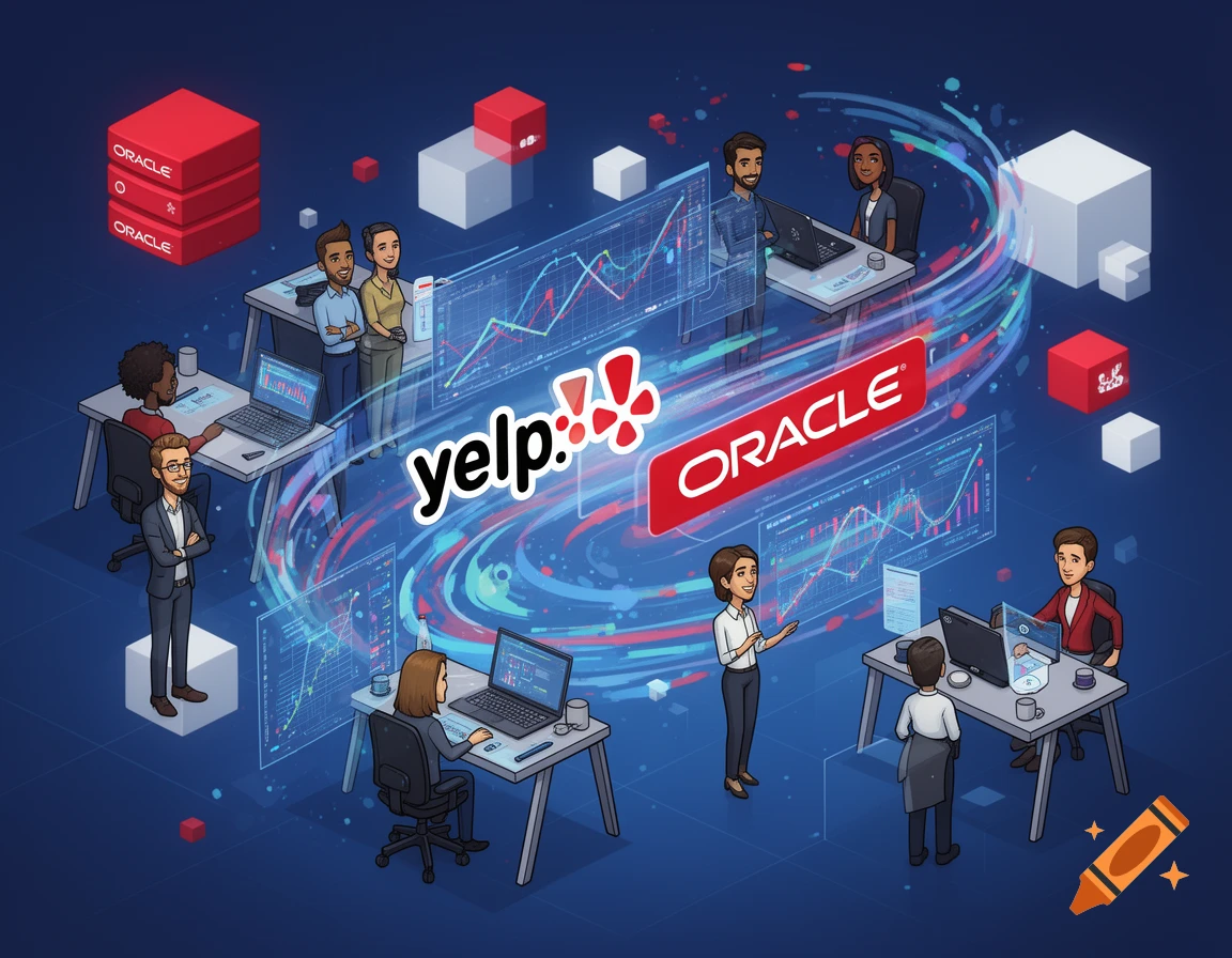 Cartoon illustration of a diverse engineering team working with financial data, featuring Yelp and Oracle logos amidst abstract data streams and server racks.