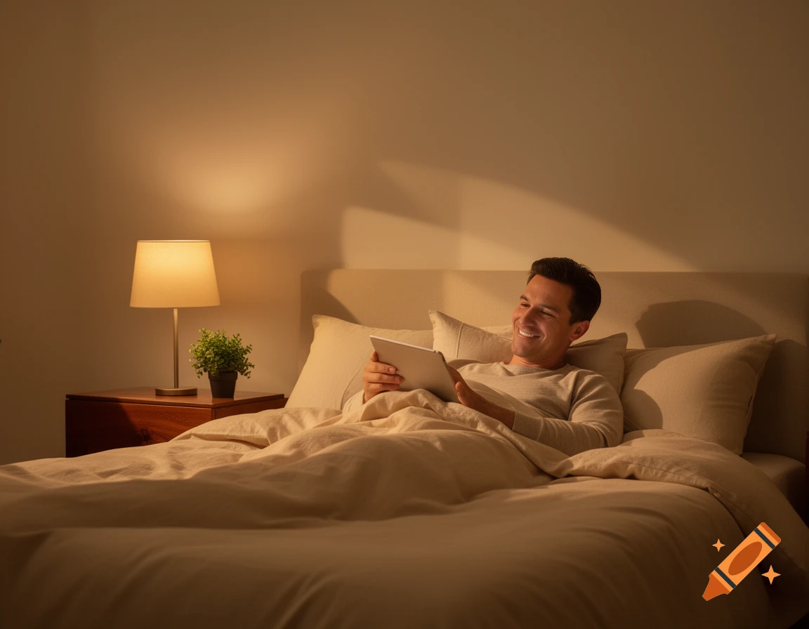 A man lies comfortably in bed at night, smiling while looking at a tablet under warm lamp light.